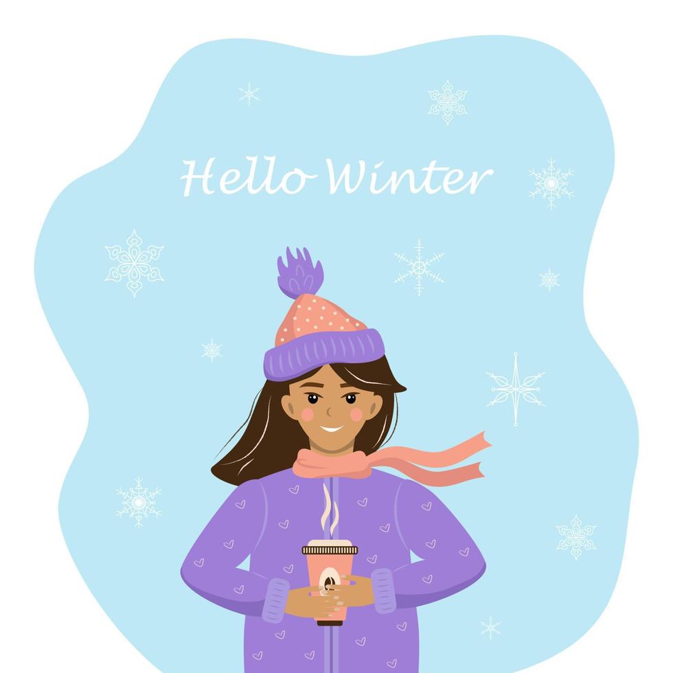 carte postale bonjour l'hiver avec une jolie fille avec un café. illustration vectorielle vecteur
