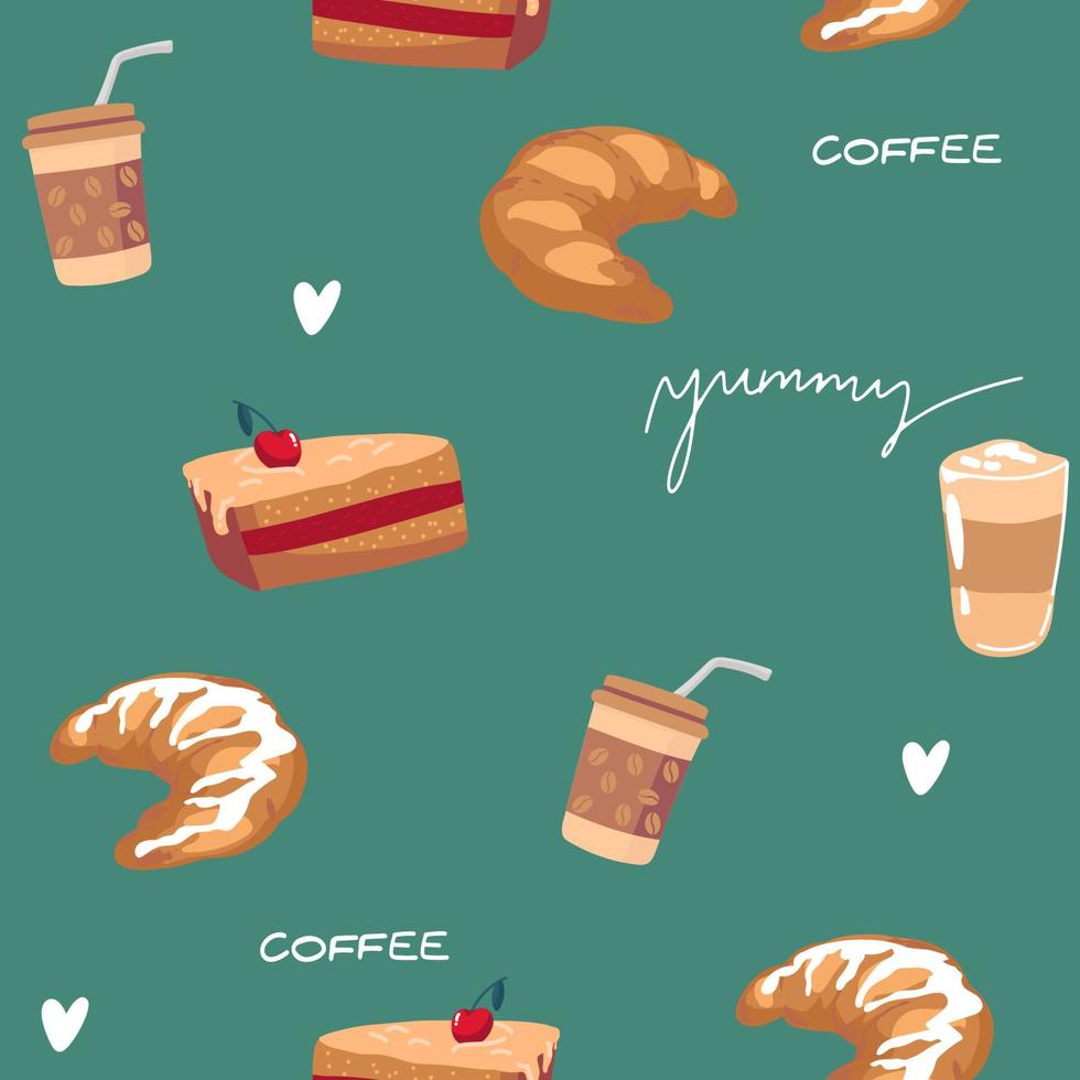 cafetières de style vecteur dessinés à la main patten.différentes sortes de tasses à café, pots et verres à café avec gâteaux, café