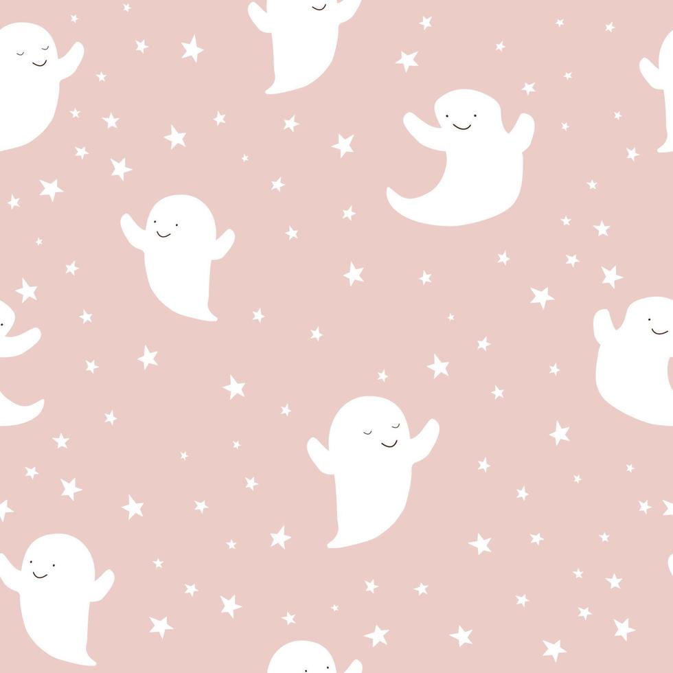 mignons fantômes blancs d'halloween sur fond coloré décoré d'étoiles, modèle sans couture de vacances pour enfants. illustration vectorielle vecteur