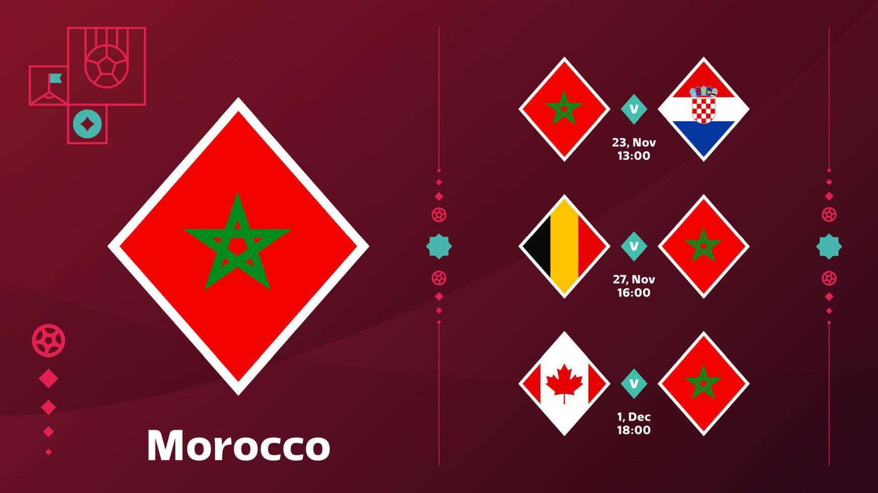 L'équipe nationale du Maroc programme les matchs de la phase finale du championnat du monde de football 2022. illustration vectorielle des matchs du monde de football 2022. vecteur
