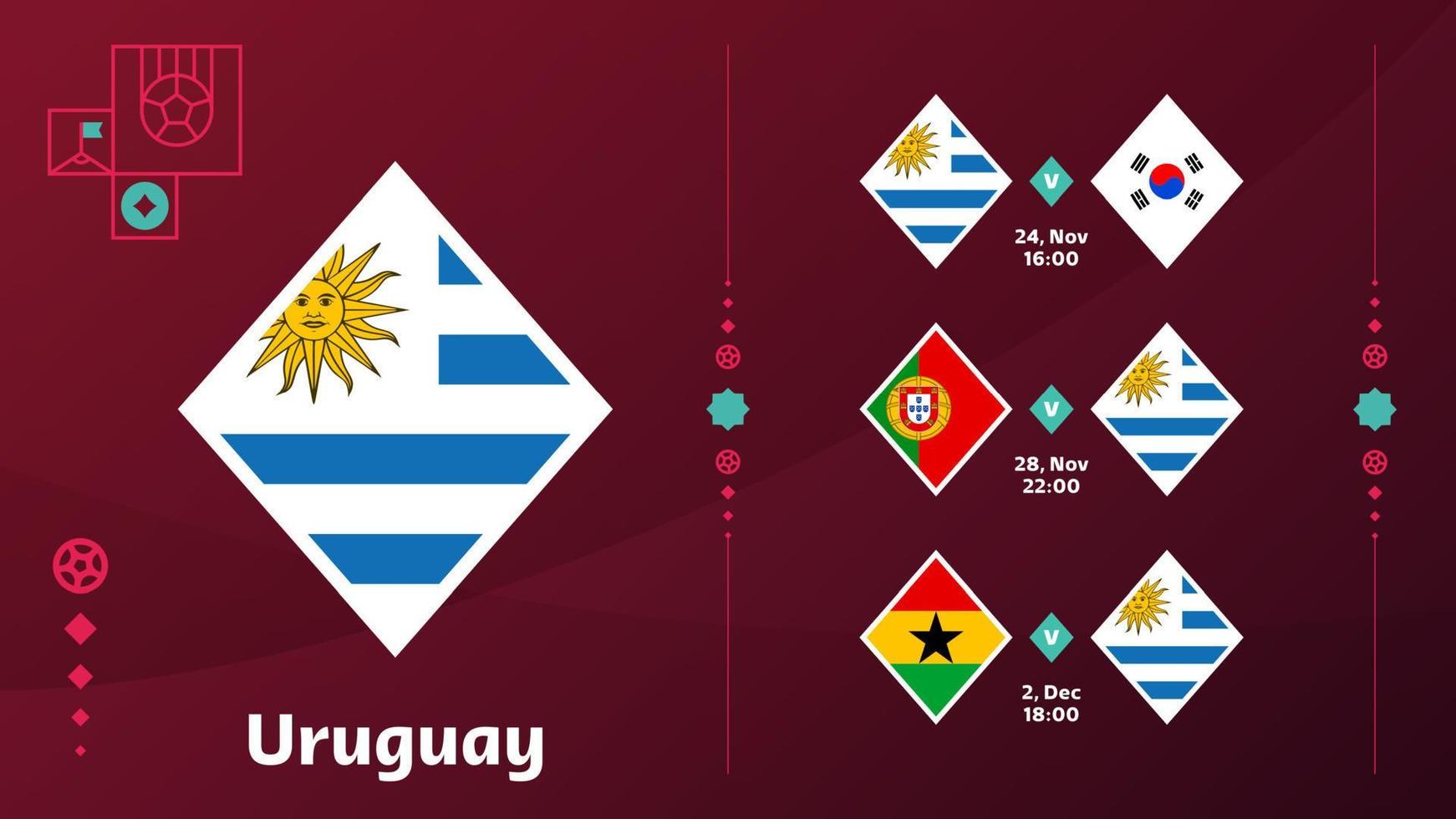 L'équipe nationale d'uruguay programme les matchs de la phase finale du championnat du monde de football 2022. illustration vectorielle des matchs du monde de football 2022. vecteur