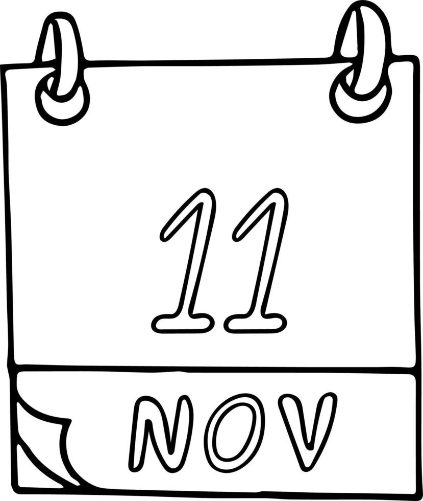 calendrier dessiné à la main dans un style doodle. 11 novembre. journée mondiale du shopping, date internationale de l'économie d'énergie, souvenir, date. icône, élément autocollant pour la conception. planification, vacances d'affaires vecteur