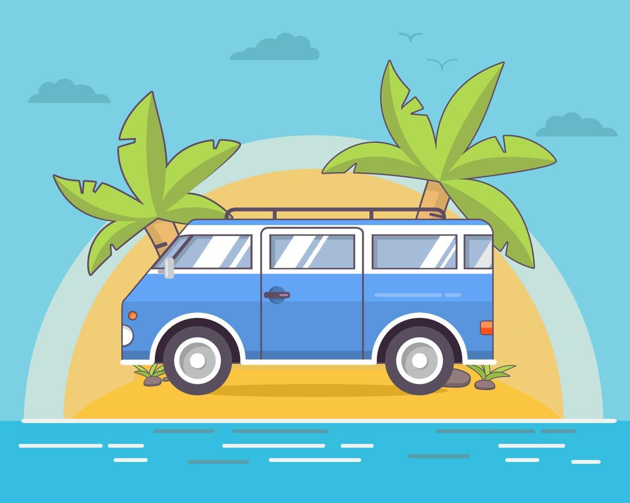 vintage van retro.road trip.tropical island palm tree.summer sea landscape.flat banner. vecteur