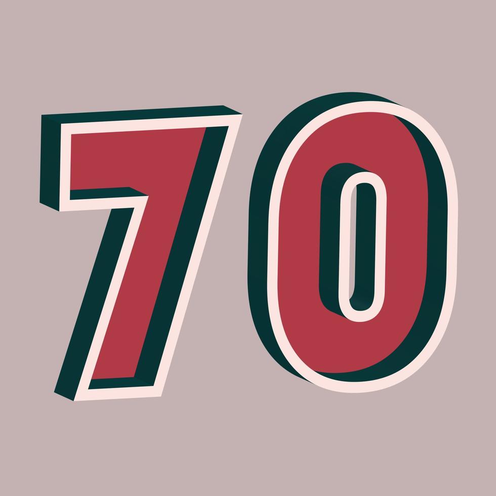 vecteur numéro 70 avec effet 3d dans un style rétro. bien rouge et bleu sarcelle