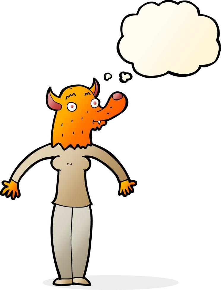 dessin animé sympathique renard femme avec bulle de pensée vecteur