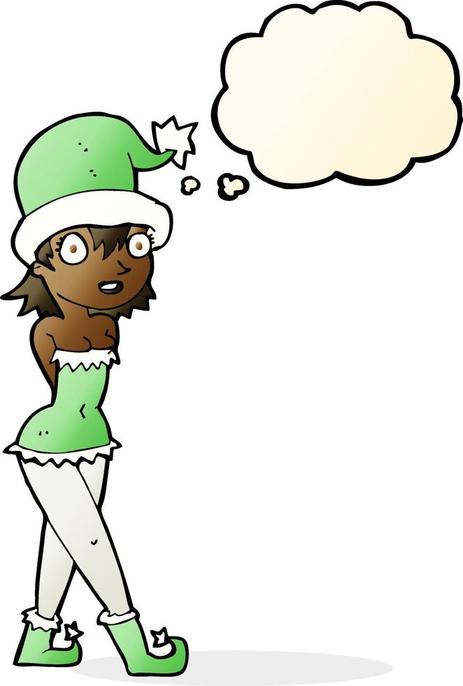 dessin animé femme en costume de lutin de noël avec bulle de pensée vecteur
