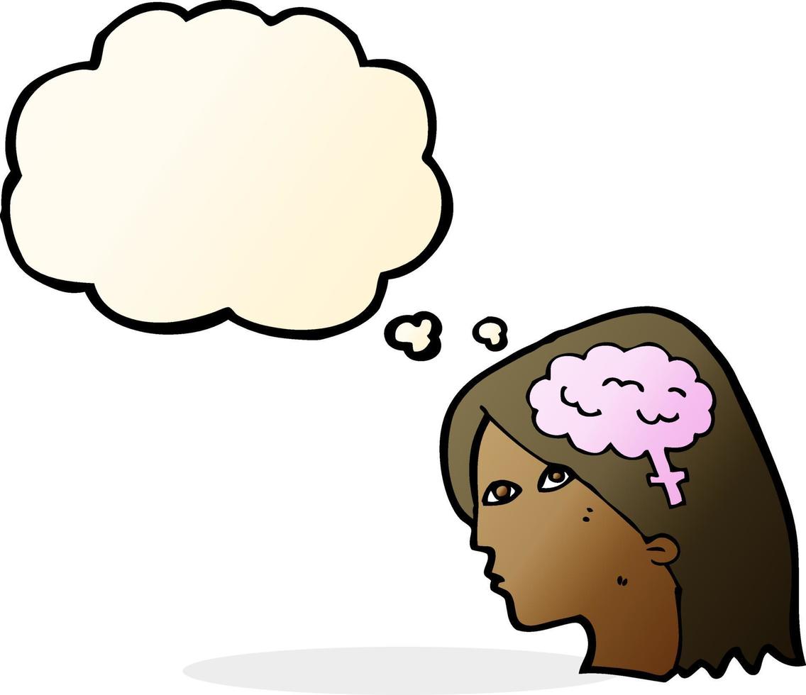 tête de femme dessin animé avec le symbole du cerveau avec bulle de pensée vecteur