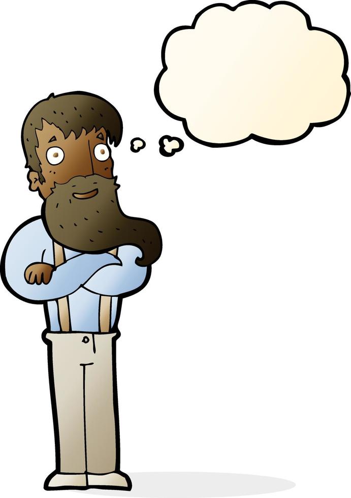 dessin animé barbu hipster homme avec bulle de pensée vecteur