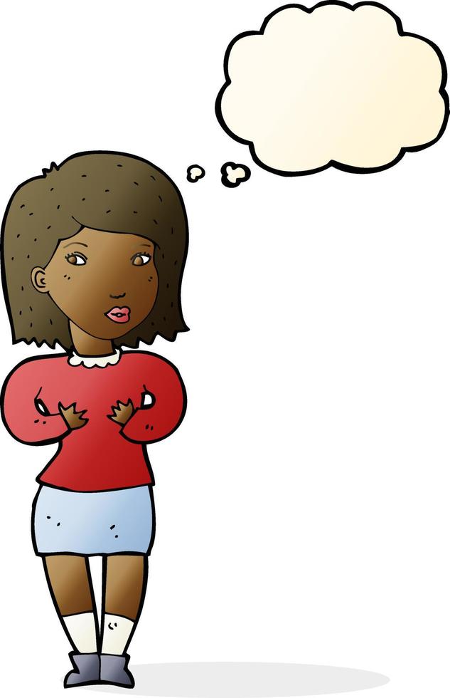 dessin animé femme faisant des excuses avec bulle de pensée vecteur