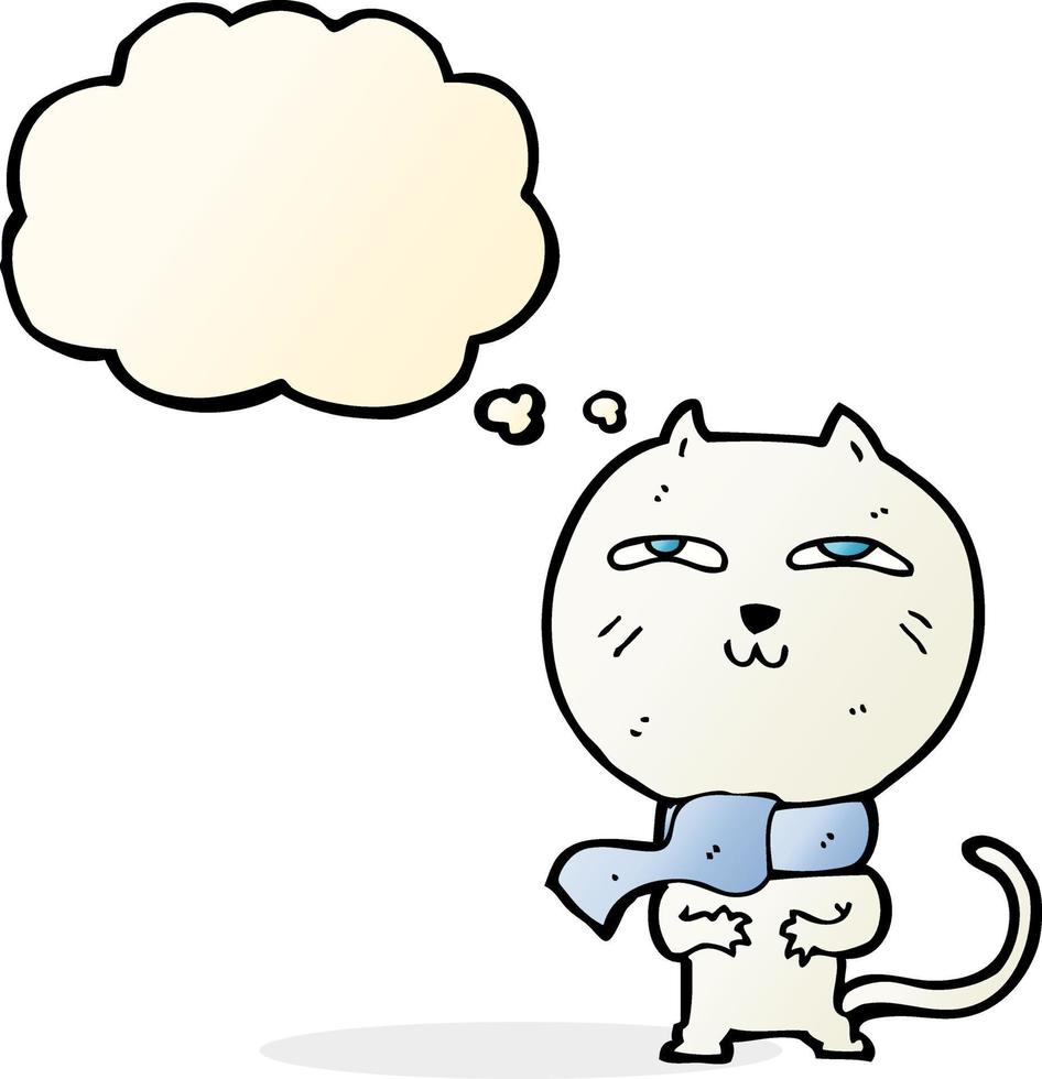 chat drôle de dessin animé portant une écharpe avec bulle de pensée vecteur