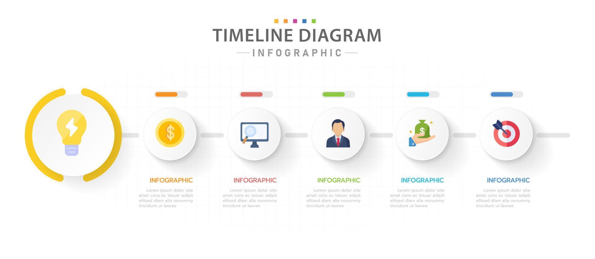 modèle d'infographie pour les entreprises. Diagramme de chronologie moderne en 5 étapes avec sujet circulaire et barre de progression, infographie vectorielle de présentation. vecteur