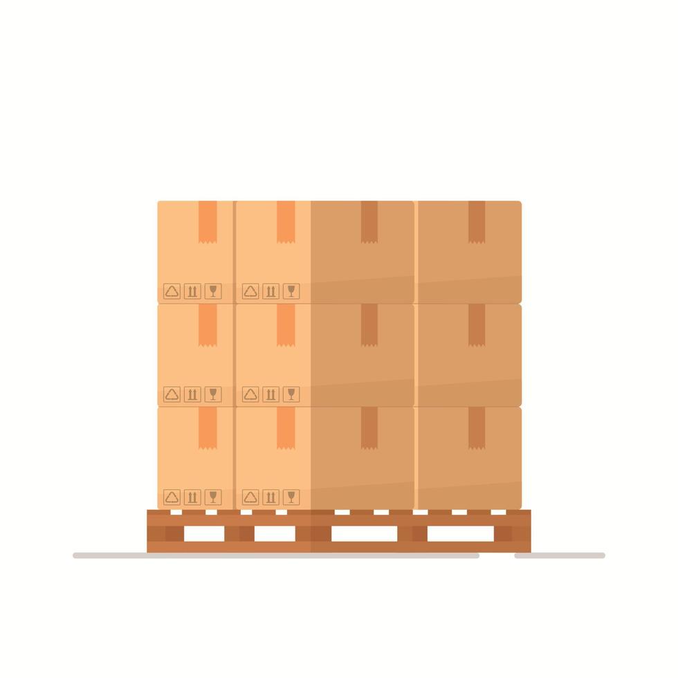 cartons sur une palette en bois. illustration vectorielle, boîtes en carton de style plat. colis pile vue de face. vecteur