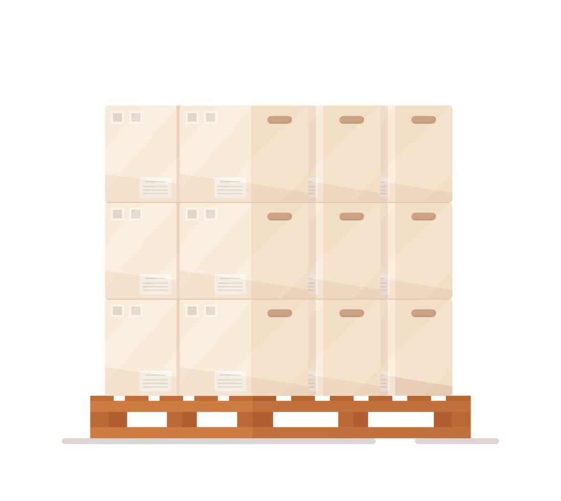 Boîte de rangement pour pièces détachées sur palette en bois Boîte en carton Pictogramme de code à barres en carton Résumé. vecteur