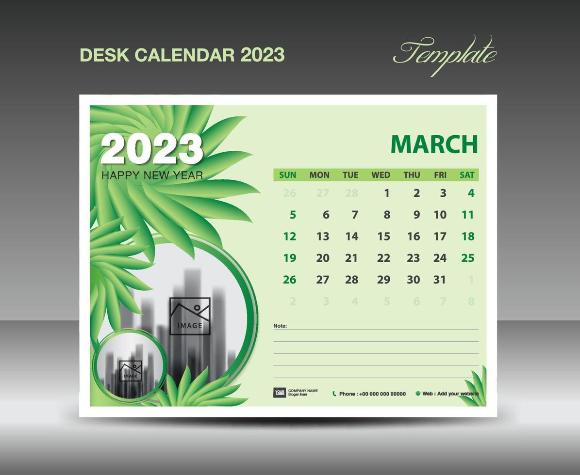conception de calendrier 2023 - modèle de mars 2023, modèle de calendrier de bureau 2023 concept nature fleurs vertes, planificateur, idée créative de calendrier mural, publicité, modèle d'impression, vecteur eps10