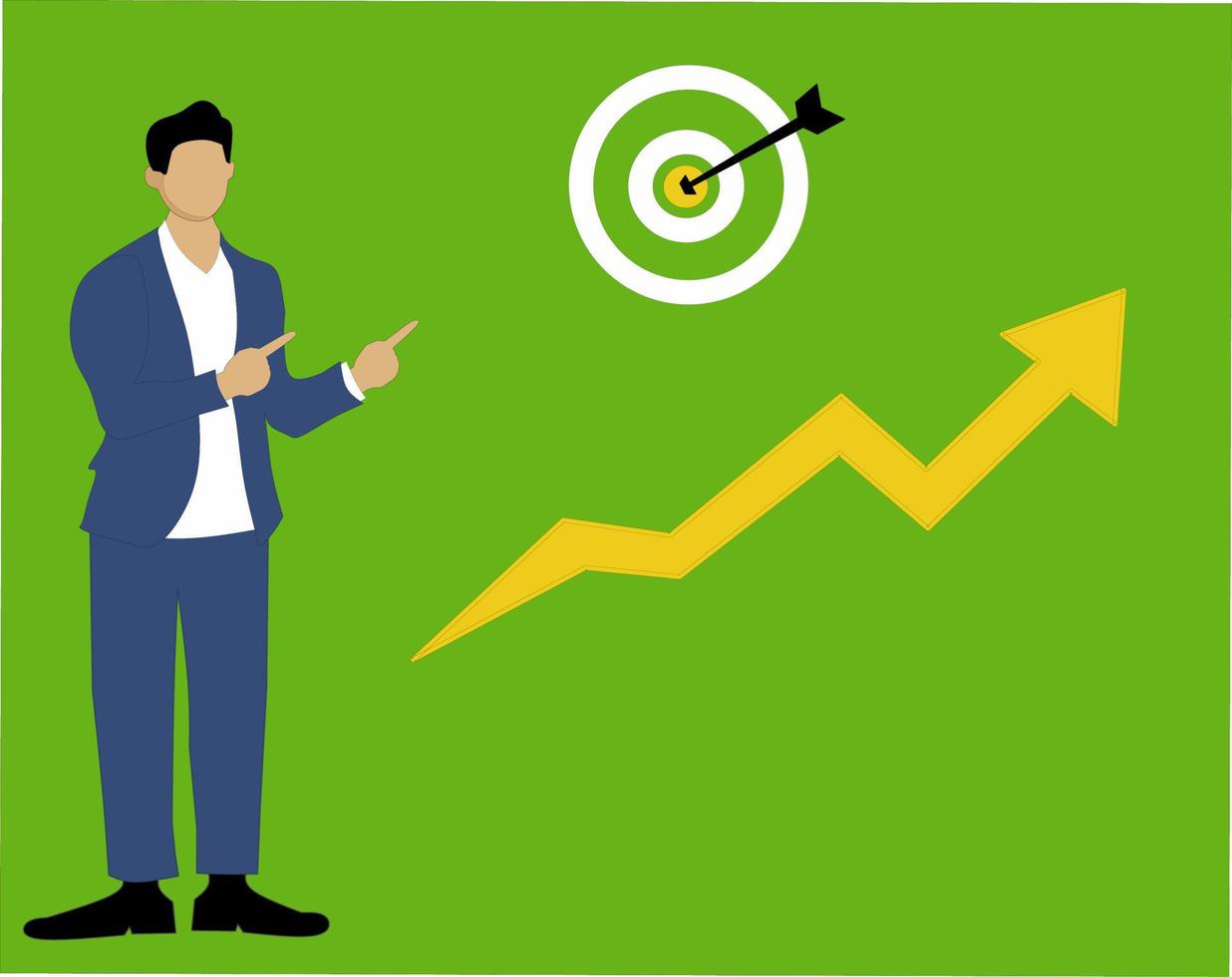 stratégie réussie. homme d'affaires pointant la courbe et la cible commerciale, illustration vectorielle d'affaires. vecteur