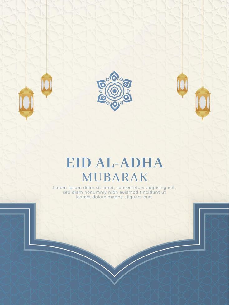 eid al-adha mubarak fond blanc arabe islamique avec motif géométrique et bel ornement avec des lanternes vecteur