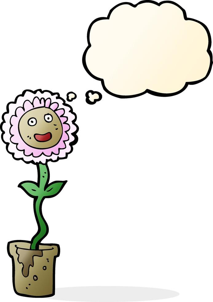 fleur de dessin animé avec visage avec bulle de pensée vecteur