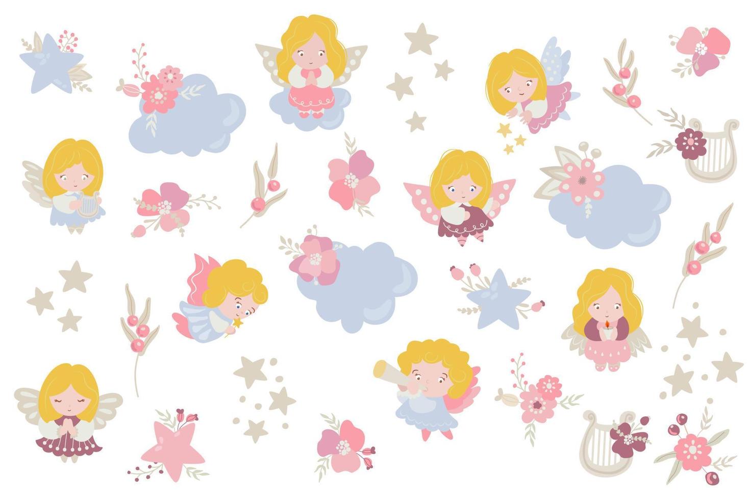 ensemble d'anges mignons, de fleurs, d'étoiles, de nuages et de harpes. fond blanc, isoler. illustration vectorielle vecteur