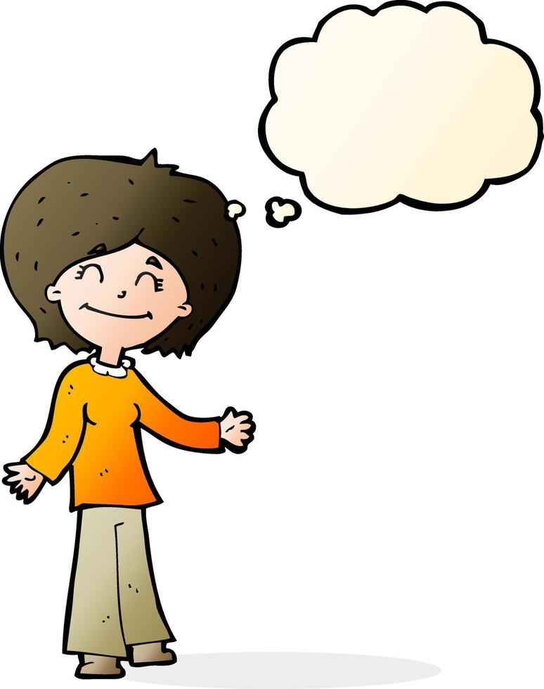 dessin animé femme heureuse avec bulle de pensée vecteur