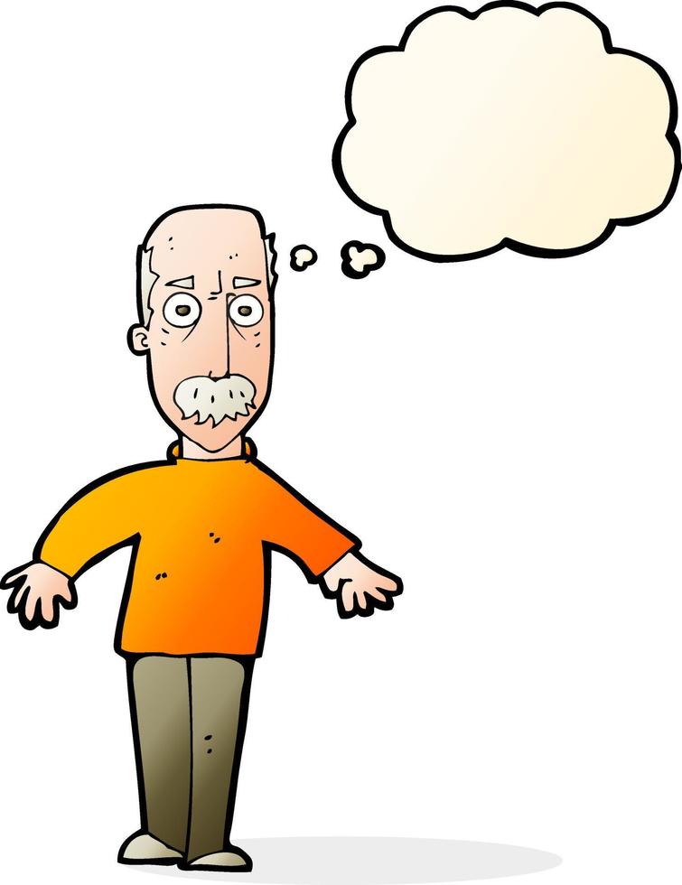 dessin animé agacé vieil homme avec bulle de pensée vecteur