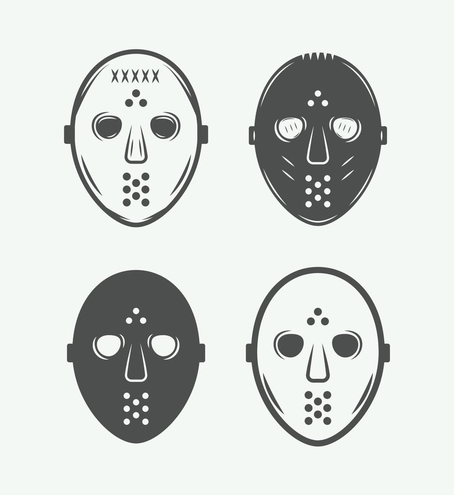 ensemble de masques de hockey vintage de différentes couleurs. peut être utilisé pour le logo, l'emblème, le badge, l'étiquette. art graphique. illustration vectorielle. vecteur