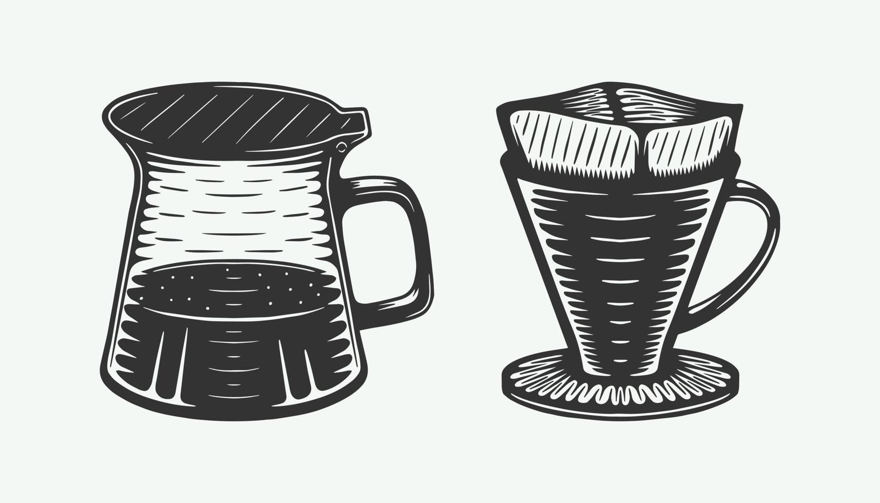 service à café vintage composé d'une cafetière et d'un filtre v60. peut être utilisé comme emblème, logo, insigne, étiquette ou marque. peut également être utilisé comme affiche ou impression. art graphique monochrome. vecteur. vecteur