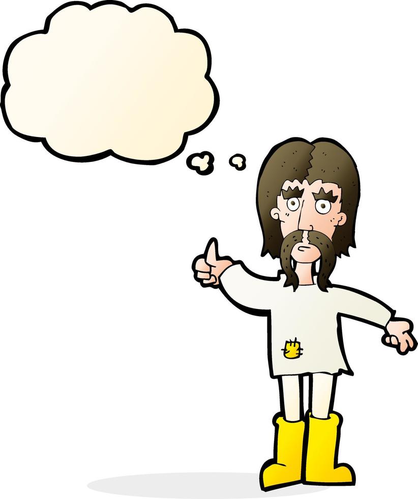 dessin animé hippie homme donnant le symbole du pouce levé avec bulle de pensée vecteur