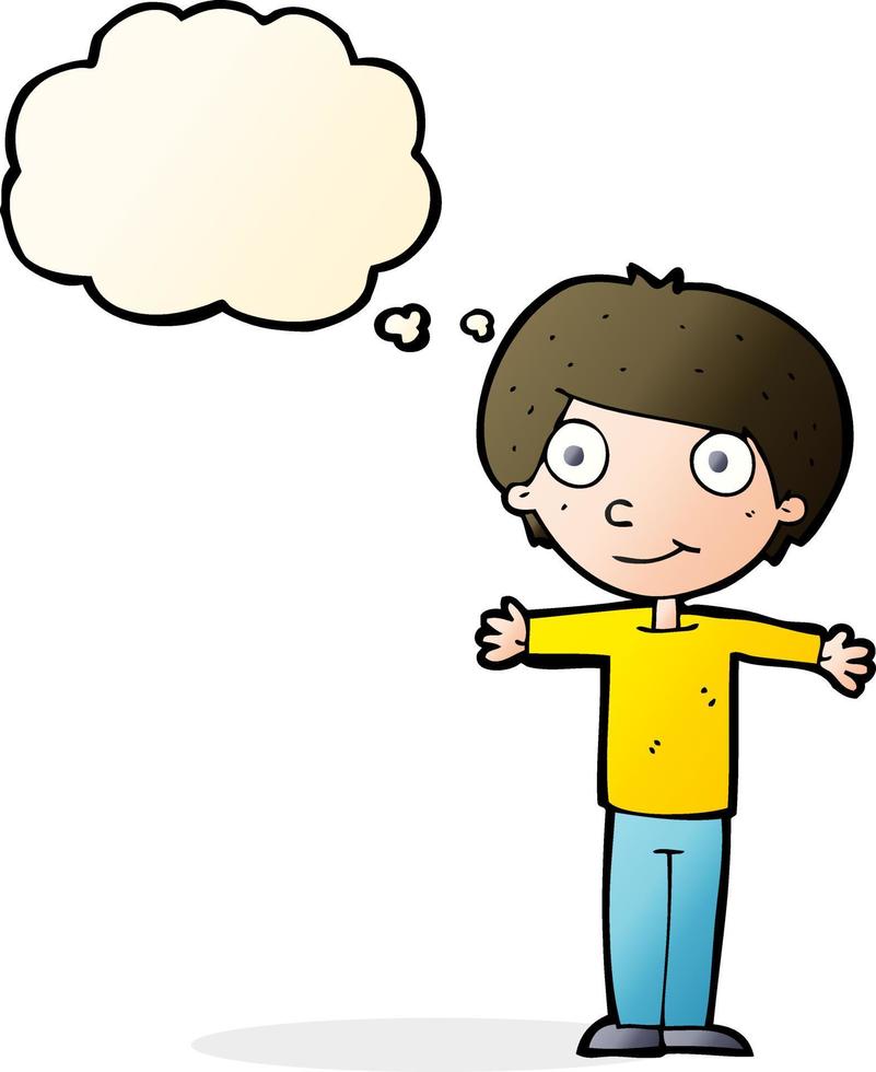 dessin animé garçon heureux à bras ouverts avec bulle de pensée vecteur