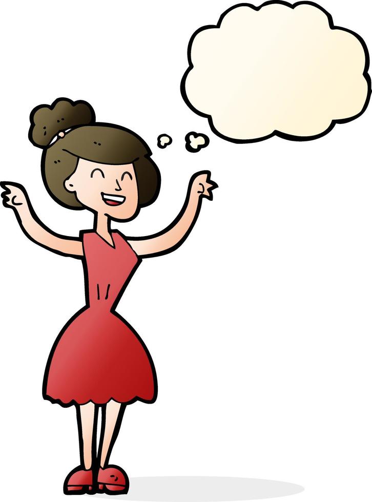 dessin animé femme aux bras levés avec bulle de pensée vecteur