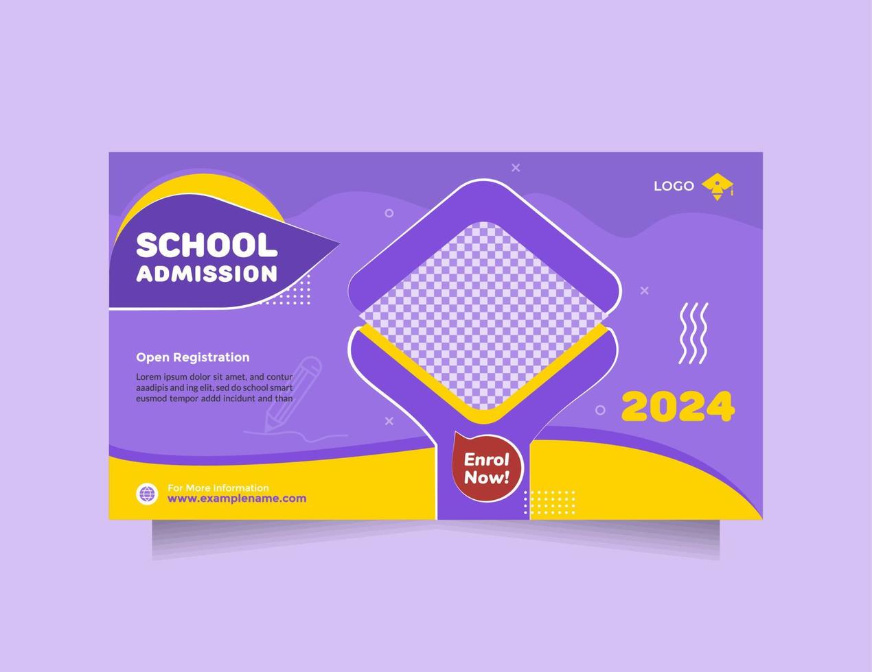 modèle de bannière de médias sociaux horizontaux pour la promotion de l'admission à l'école. idée créative enfants école conception de bannière horizontale vectorielle avec une couleur jaune bleu moderne vecteur