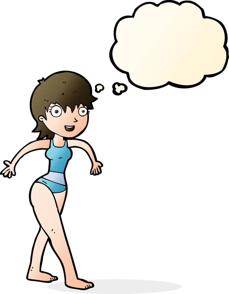 dessin animé femme heureuse en maillot de bain avec bulle de pensée vecteur