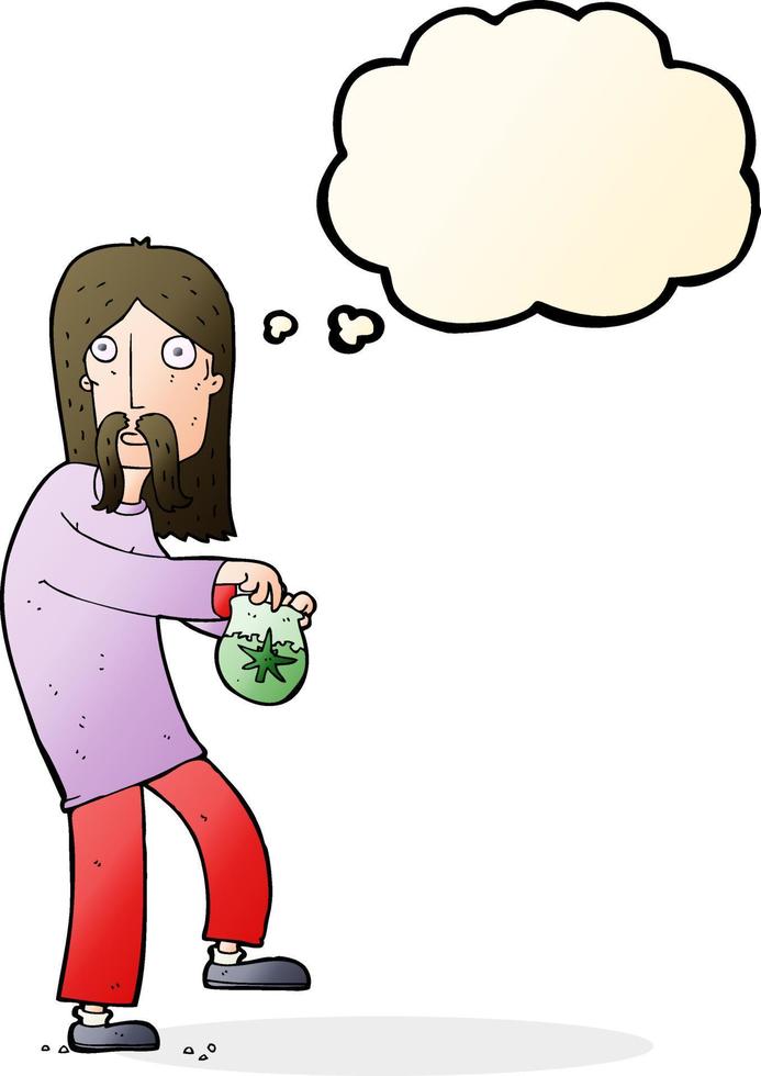 dessin animé hippie homme avec sac de mauvaises herbes avec bulle de pensée vecteur