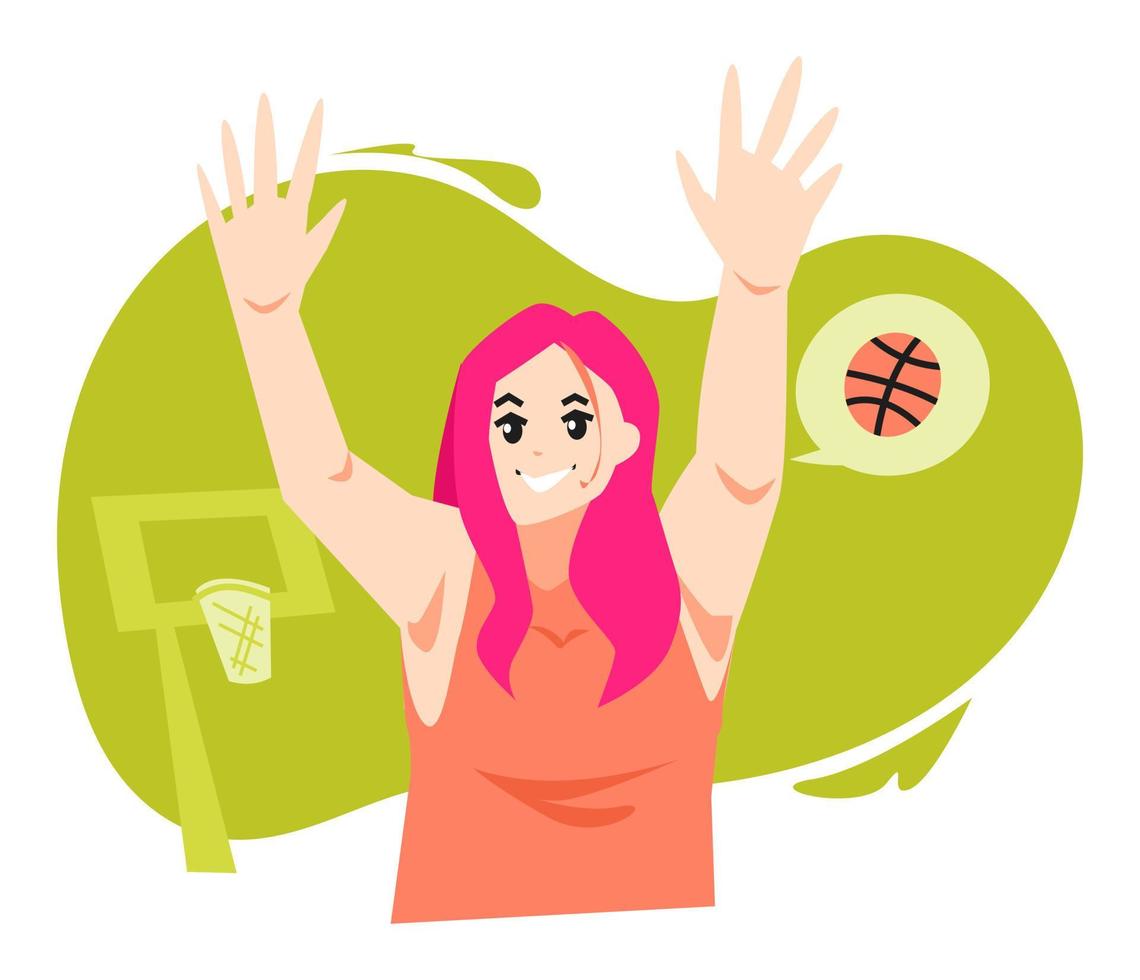 illustration d'une adolescente attendant le ballon, lançant un ballon de basket. fond vert, panier de basket. concept de sport, basket-ball, activité, activité. style de vecteur plat