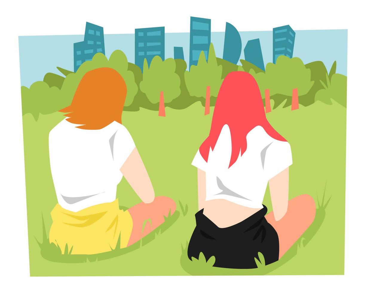 illustration de deux filles regardant un arbre, un bâtiment, un paysage. vue arrière. concept d'amitié, parcs, plein air, nature, jeunesse, etc. style vectoriel plat