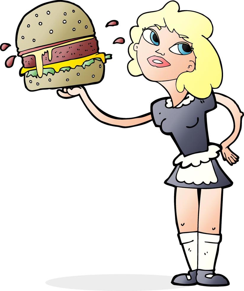 serveuse de dessin animé servant un hamburger vecteur
