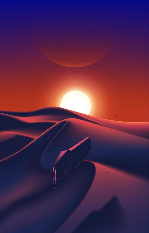 vaisseau spatial survolant les dunes du désert vecteur