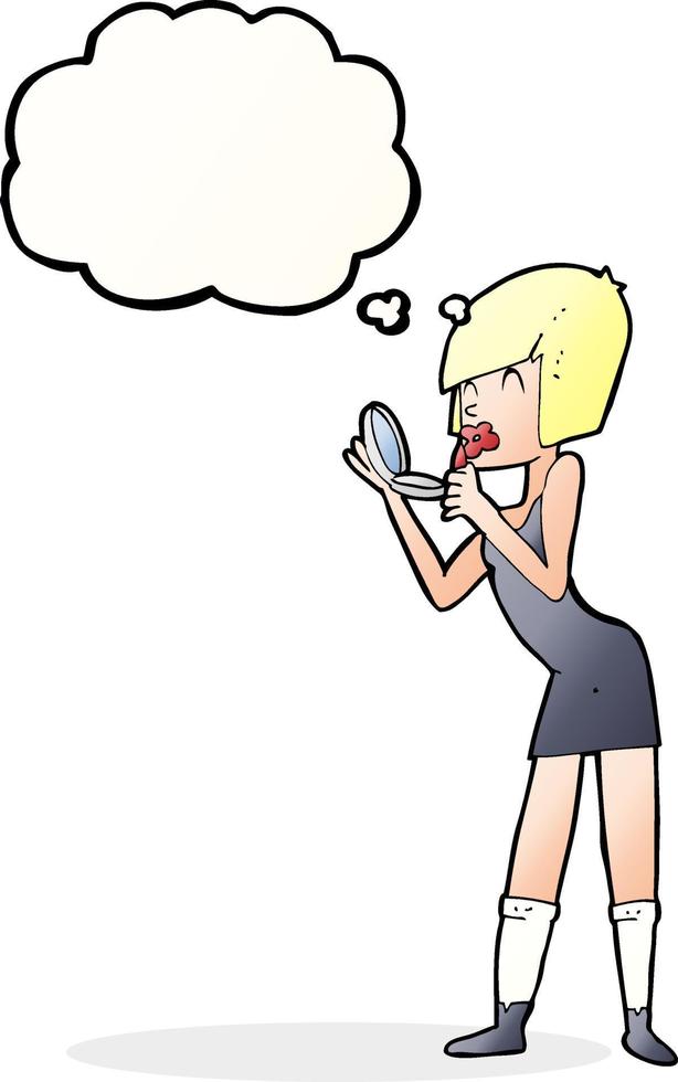 dessin animé femme appliquant du rouge à lèvres avec bulle de pensée vecteur