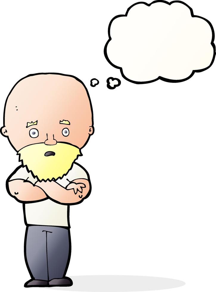dessin animé homme chauve choqué avec barbe avec bulle de pensée vecteur