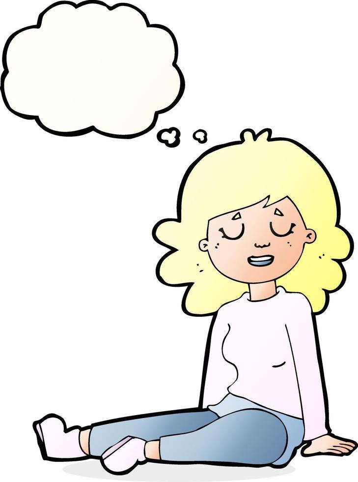 dessin animé femme heureuse assise sur le sol avec bulle de pensée vecteur