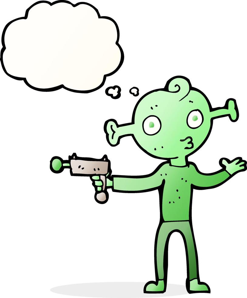 extraterrestre de dessin animé avec pistolet à rayons avec bulle de pensée vecteur