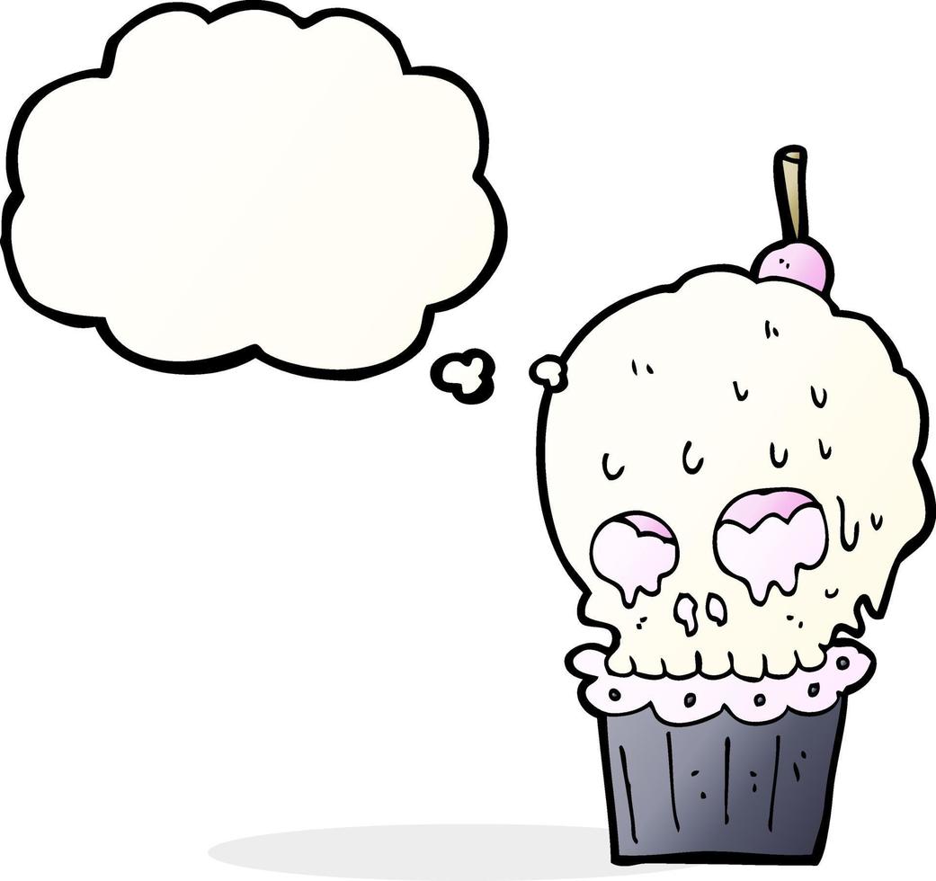 cupcake crâne effrayant de dessin animé avec bulle de pensée vecteur