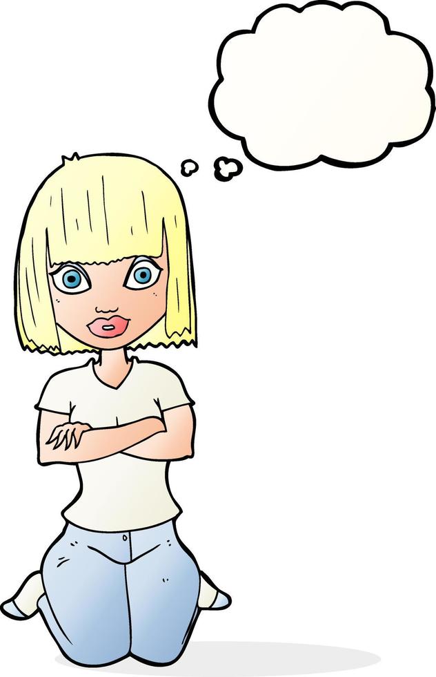 dessin animé femme agenouillée avec bulle de pensée vecteur
