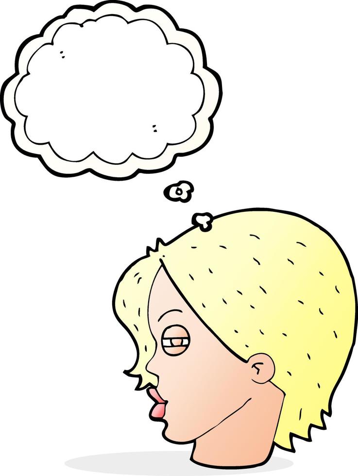dessin animé visage féminin aux yeux plissés avec bulle de pensée vecteur