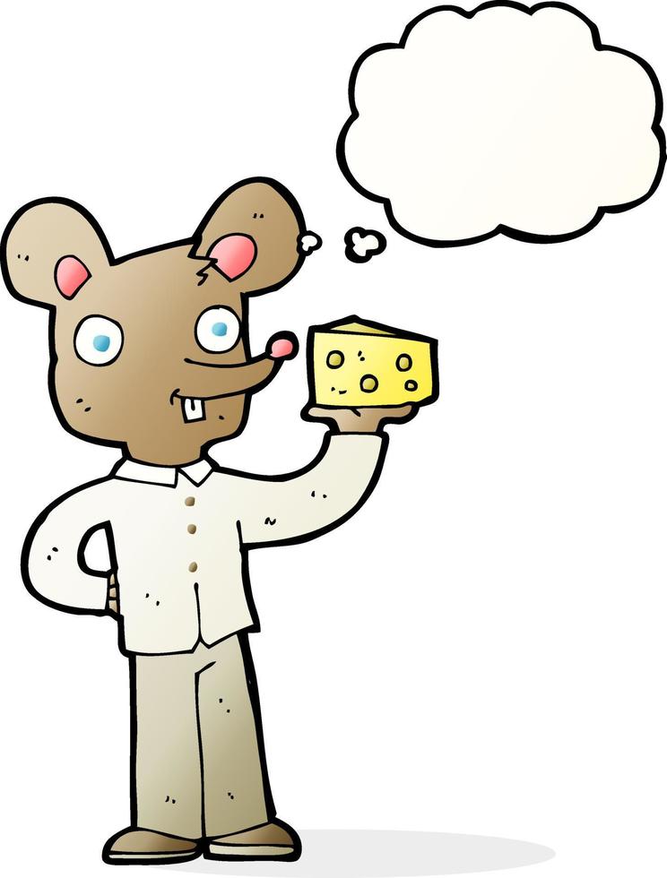 souris de dessin animé tenant du fromage avec bulle de pensée vecteur