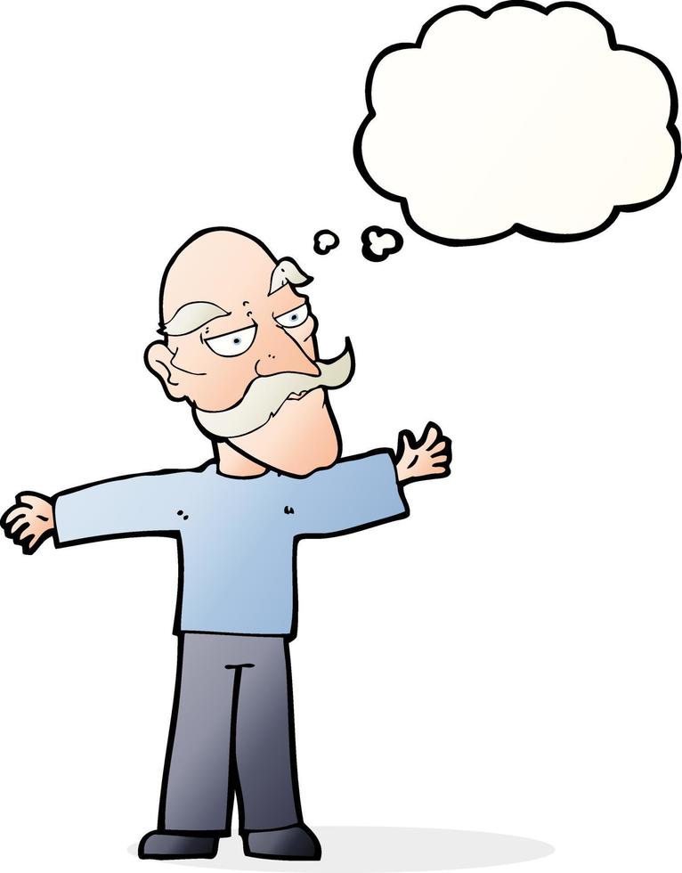 dessin animé vieil homme écartant les bras avec bulle de pensée vecteur