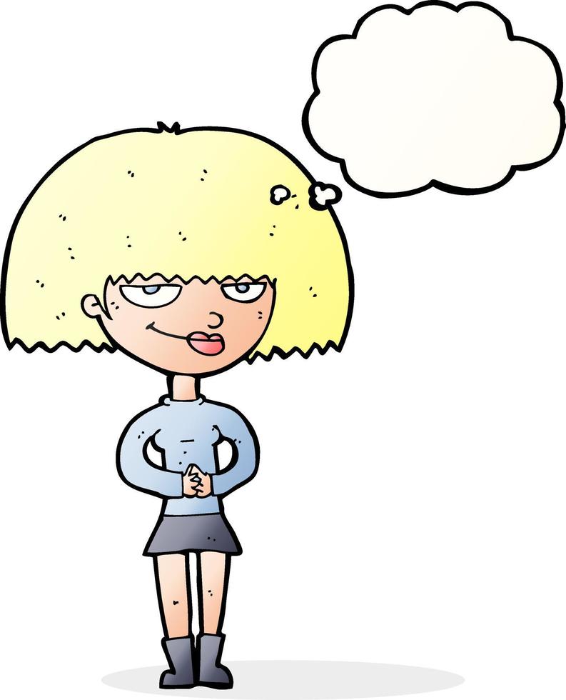 femme sournoise de dessin animé avec bulle de pensée vecteur