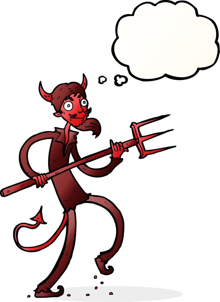 diable de dessin animé avec fourche avec bulle de pensée vecteur