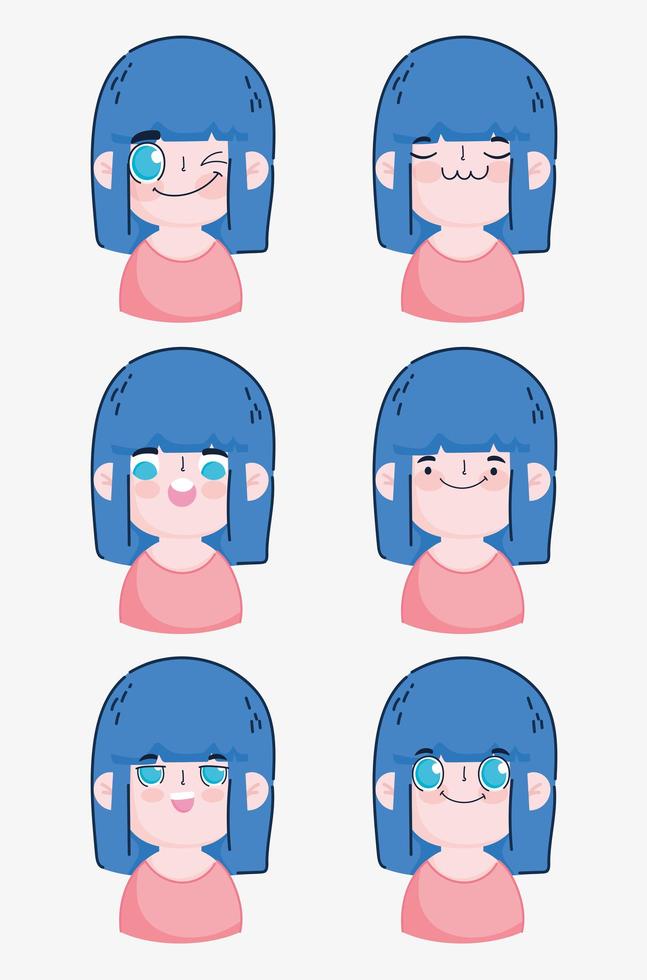 fille aux cheveux bleus emoji assortis vecteur