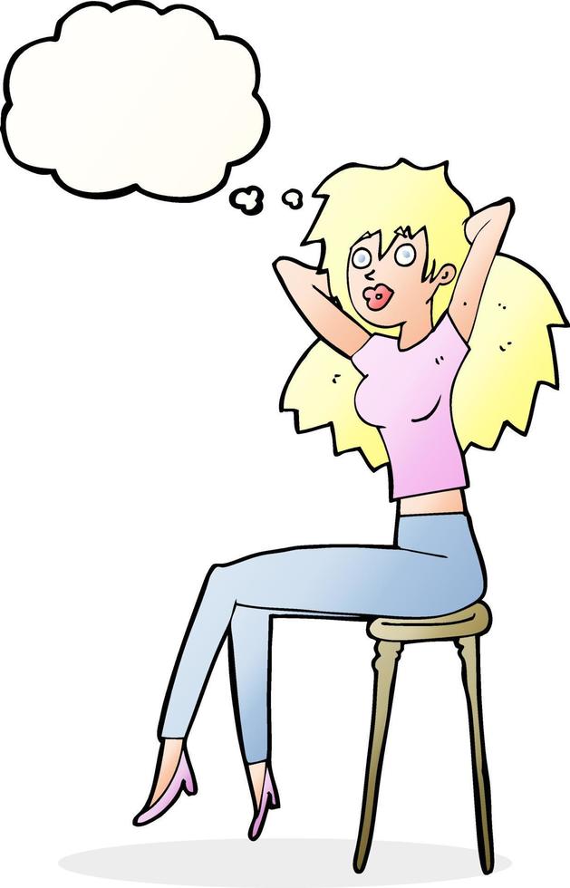 dessin animé femme posant sur un tabouret avec bulle de pensée vecteur