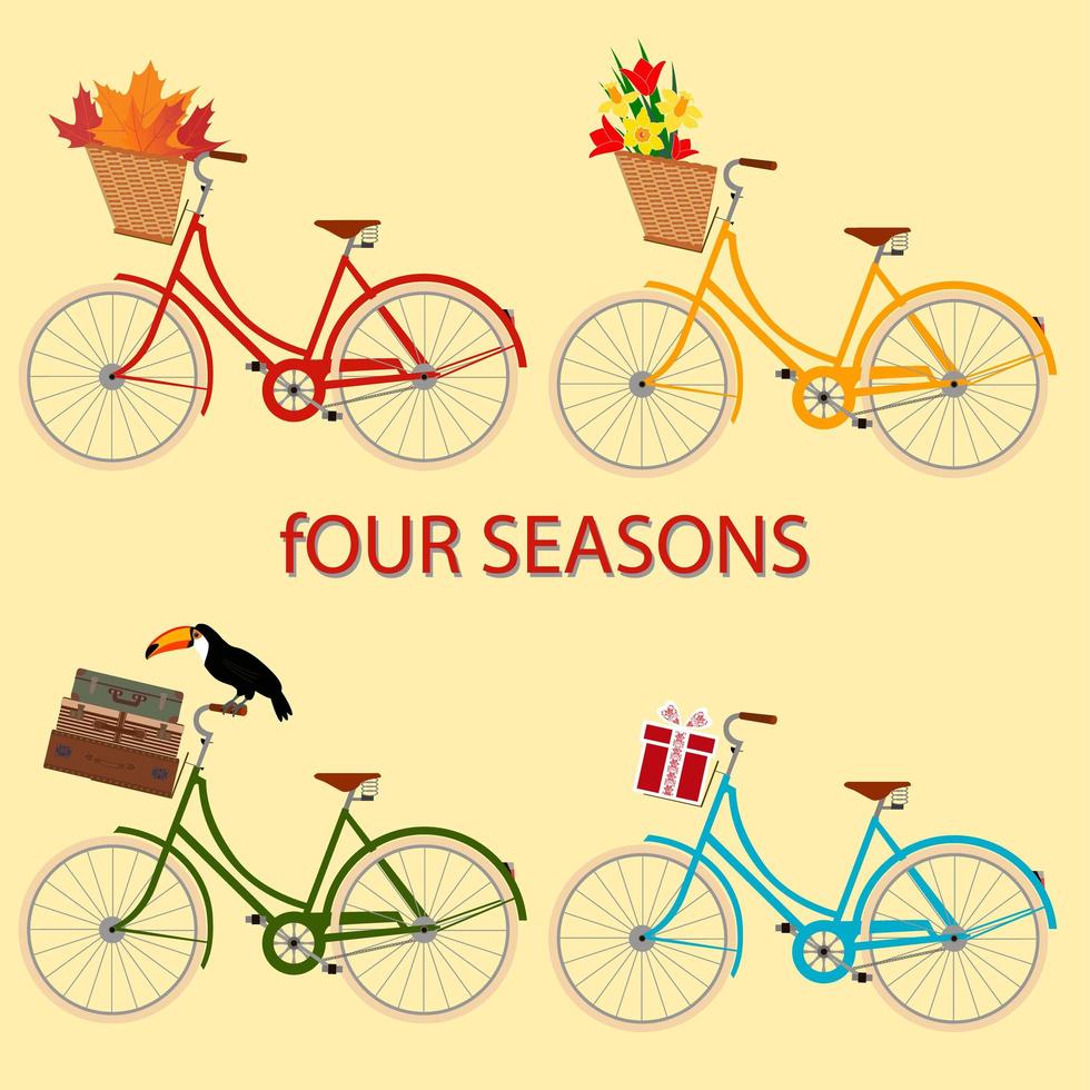 quatre vélos colorés avec des fleurs, des sacs, des boîtes et des feuilles vecteur